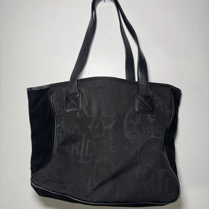 Bolso de mano de diseñador para mujer Ralph Lauren gráfico de cuero y lona negro - Imagen 1 de 7
