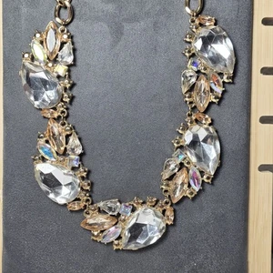 Vintage Statement Kristall Latz Halskette goldfarben klare & champagnerfarbene Steine 20"  - Bild 1 von 15