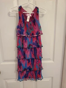 Justice Girls Multi-Colored Purple Dress W/Ruffle Layers, Ties In Back, Size 7 - Picture 1 of 3