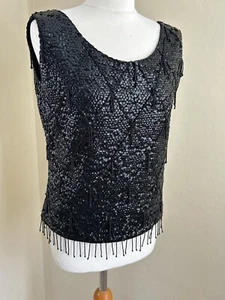 VINTAGE 1980s black beaded sequined evening top size L Made in Hong Kong - Picture 1 of 13