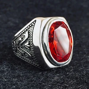 Men’s Garnet Signet Ring solid 925 Sterling Silver Ottoman tulip Turkish Jewelry - Picture 1 of 10