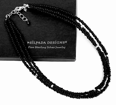 SILPADA Sterling Silver 3 Strand BLACK GLASS BEAD Necklace~#N1500~RETIRED~NEW! - Image 1 of 4