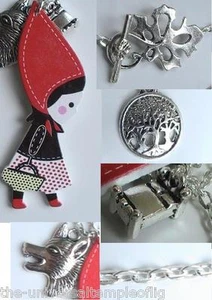 LITTLE RED RIDING HOOD NECKLACE earring set HANDMADE, WOLF FOREST BED LEAF - Picture 1 of 12