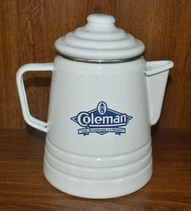 Vintage White Coleman Sunshine Of The Night Coffee Pot Metal Enamel Pot & Lid - Picture 1 of 8