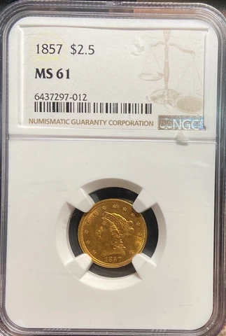1857 Gold Quarter Eagle $2.50 - NGC MS61 - Free Shipping Cover