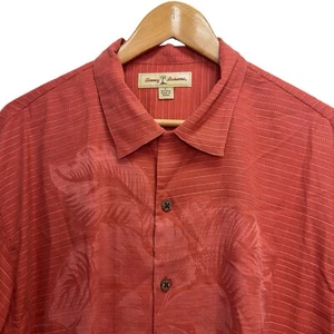 Tommy Bahama Mens L Hawaiian Button Front Shirt Coral Orange Striped Floral Silk - Picture 1 of 5
