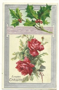 Geprägte rote rosa Rose Blumen Feiertag Beeren Weihnachten Blume Postkarte - Bild 1 von 1