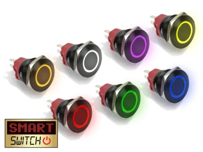 SMARTSWITCH 28mm Angel Eye® Halo DPDT Black Aluminium Push Button LED Metal Switch AE28