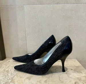 Dolce Gabbana Black Tweed Pumps Size 38 8 Heels Pointy Toe - Picture 1 of 10