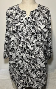 Catherines Top Womens 2X 22/24 Black White Button Front Floral Tab Sleeves EUC - Picture 1 of 8
