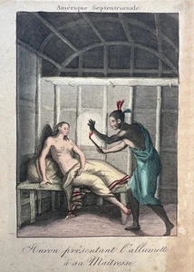 SELTENE "Huron präsentiert das Streichholz" orig 19. Jh. französische farbige Gravur Indianer - Bild 1 von 4