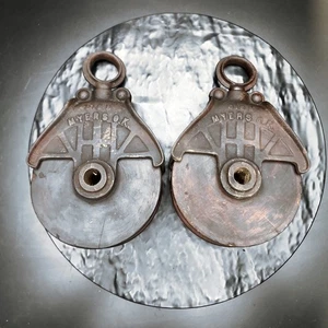 Myers O.K. Antique Hay Trolley Pulley Pair Cast Iron Wood Wheel Barn Decor ⚙️ - Picture 1 of 9