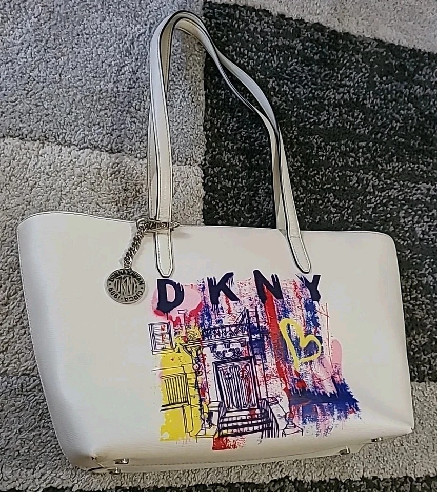 Stylish DKNY coloful Graffiti ART Logo White 100% Cow Leather Shoulder TOTE BAG - Image 1 of 4