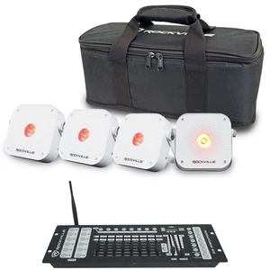 Rockville 4 PACK MINI RF1 V3 White Rechargable RF DJ Wash Lights+Bag+Controller - Picture 1 of 12