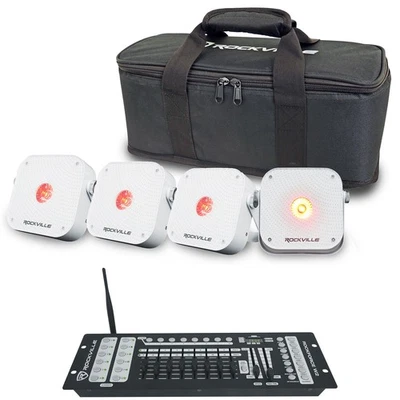 Rockville 4 PACK MINI RF1 V3 White Rechargable RF DJ Wash Lights+Bag+Controller - Image 1 of 4