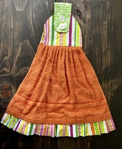 Toalla colgante de té hecha a mano naranja verde rosa rayas flores amarillo - Imagen 1 de 4