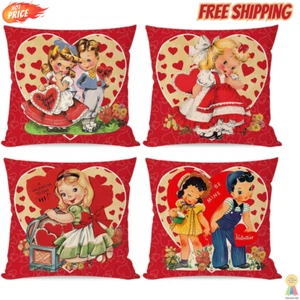 4PCS Vintage Valentine'S Day Pillow Covers 18X18 in Set of 4 Cushion Pillow Cove - Picture 1 of 8