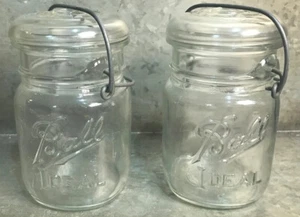 2 Vintage Square Ball Ideal Clear Glass Pint Mason Jars w Lids & Wire Bale USA - Picture 1 of 10