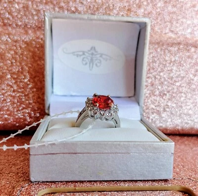 银色 5 码戒指人造钻石玻璃红宝石红色时尚珠宝鸡尾酒 1x — 第 1/4 张图片