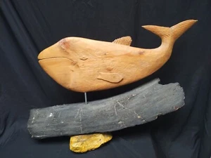 Vtg Folk Art Carved Cedar Wood Whale /Fish Sculpture Weathervane form 39" signed - Picture 1 of 21