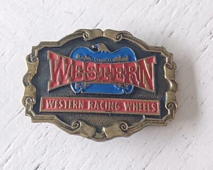Vintage Western Racing Wheels Belt Buckle Gold Cowboy Western Adverstising - Picture 1 of 3
