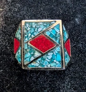 Vintage Turq. & Coral Design Nickle Silver Men's Rings Size 9 Resin Filled - Picture 1 of 4