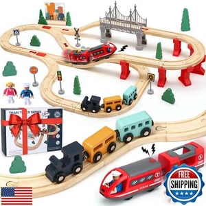 Lonico Wooden Train Set for Toddlers 3-5, 80 Pcs Train Tracks Toys with Elect - Picture 1 of 5
