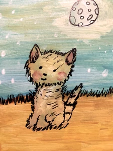 Original Artwork Cat Under Moon Pet Night Animal ACEO Handmade Signed By Artist - Picture 1 of 2