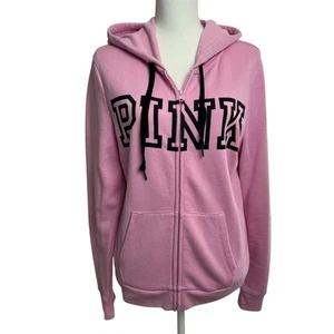 PINK Victoria’s Secret Full Zip Drawstring Hoodie Pink/Black Pockets Sz Medium - Picture 1 of 10