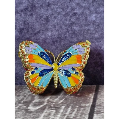 Multi Crystal Enamel Butterfly Trinket Box, Gold Accent, Hinged Jewelry Pill Box - Image 1 of 4