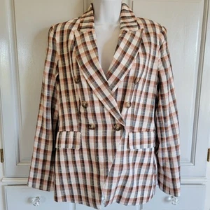 Joie Plaid Womens Cotton Blend Button Lined Blazer Jacket Tan Cream Navy Size M - Picture 1 of 11