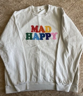 Sudadera Pullover Mad Happy Cuello Redondo 100% Algodón XL Blanca Con Letras Arco Iris Foto 1 de 4
