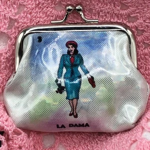 Portamonete messicano Loteria Monederos chiusura a scatto KissLock LA DAMA retrò blu - Foto 1 di 8