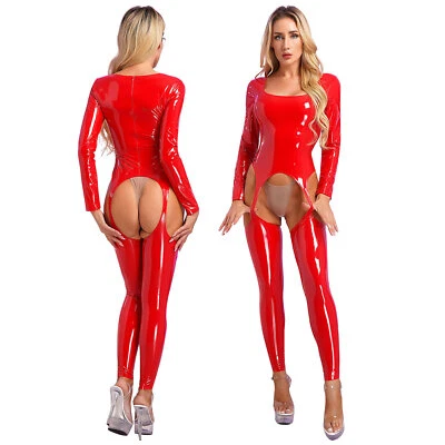 Damen Wetlook Dessous Bodysuit Lack Leder Catsuit Einteiler Overall Hosenanzug - Bild 1 von 4