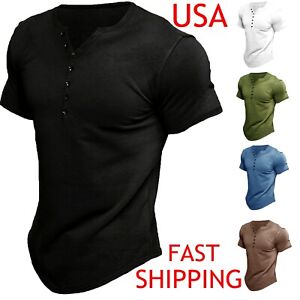 ⭐Henley T Shirt Men Solid Color Short Sleeve Casual Button Vintage T-Shirt Dress
