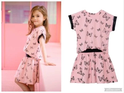 Deux Par Deux Girl's 5 Dress Short Sleeve Butterfly Print Layered Blouson Flare - Image 1 of 4