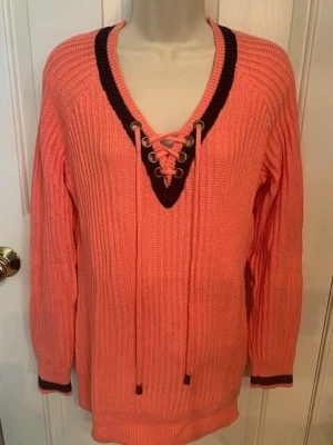 Venus Orange and Navy Lace Up Detail V Neck Sweater Size L - Image 1 of 4