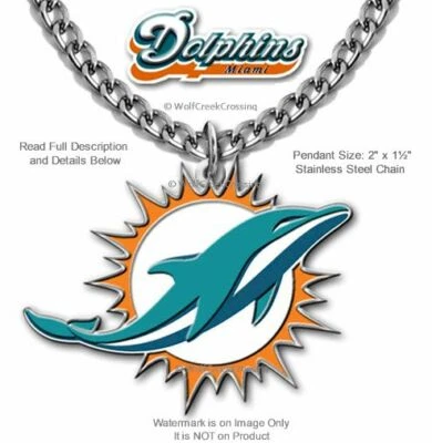 LARGE MIAMI DOLPHINS NECKLACE Stainless Steel Chain NFL Football Metal Logo HOT' - Image 1 of 4