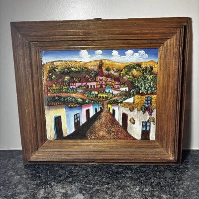 Rustic Textured Raised Art Mexican Wooden Painting Wall Decor Clay? - Image 1 of 4