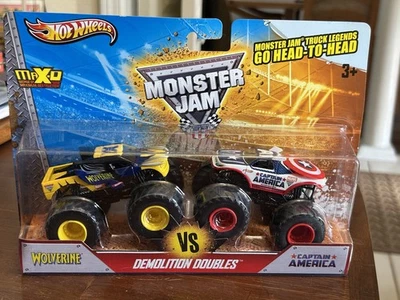 MONSTER JAM DEMOLITION DOUBLES CAPTAIN AMERICA VS WOLVERINE, RARE, 2014, SEALED - Image 1 of 4
