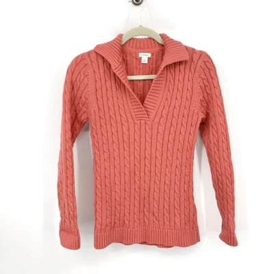LL Bean Women Size Small Sweater Polo Pullover Top Coral Pink Cable Knit Cotton - Image 1 of 4