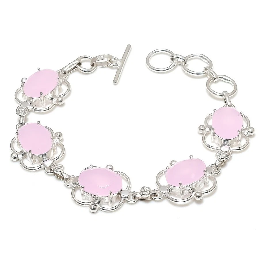 Pink Rose Quartz Gemstone Handmade 925 Sterling silver Bracelet Size 7-8'' - Image 1 of 1