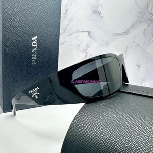 New PRADA Sunglasses Black Wrap Authentic Runway Symbole Logo Mask Acetate - Picture 1 of 16