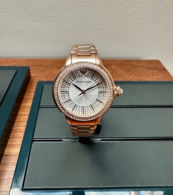 Emporio Armani Three-Hand® Ladies Diamond Dial Rose Gold Bracelet Watch AR11633 - Image 1 of 4