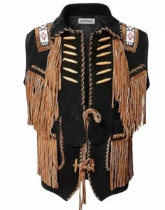 Chaleco de Vaquero Negro Western Gamuza Cuero Nativo Americano con Cuentas Flecos - Imagen 1 de 3