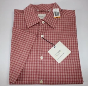 ARROW Size S Men's Shirt Short Sleeve Red Cream Plaid SANDSTONE Cotton NEW - Picture 1 of 5