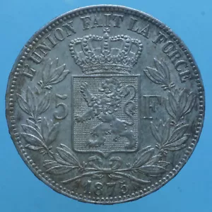 BELGIUM LEOPOLD II 5 FRANCS 1875 SILVER SILVER NUMISMATIC COIN - Picture 1 of 2