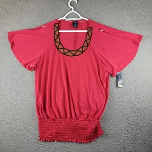 Faded Glory Shirt Womens 2X Pink Blouse Scoop Neck Beaded Pleated Elastic Hem - Picture 1 of 10