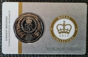 Moneda australiana de 50 centavos de dólar en tarjeta - 2015 el monarca reinante más largo - unc - Imagen 1 de 1