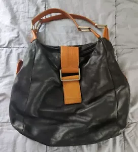 Kenneth Cole Black Pebbled Soft Leather Brown Accents Hobo Purse Double Handle - Picture 1 of 17